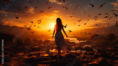 A Serene Moment: Woman in White Dress Embracing the Beauty of a Sunset