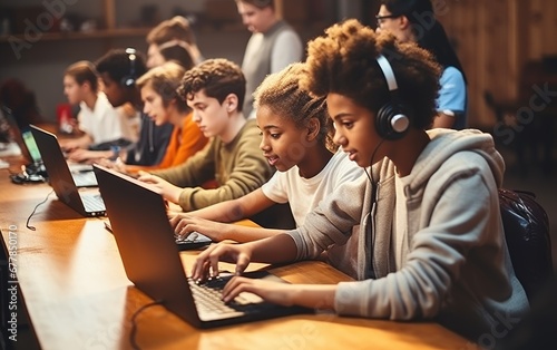 Teen students learning on l...