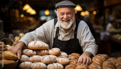 Smiling adult baker holding fresh baguette in store generated by AI