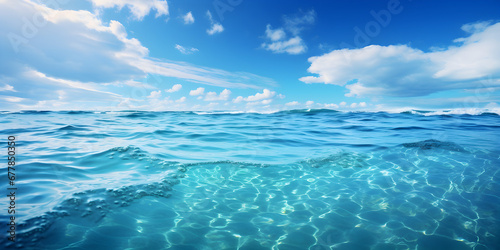 Blue ocean water and blue sky with clouds, background 