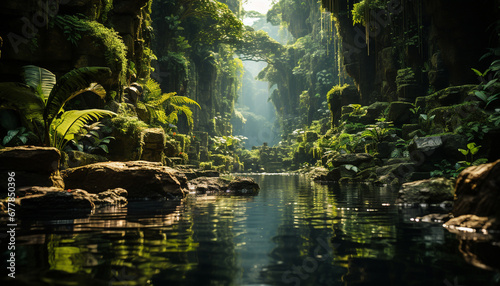 Tranquil scene of a tropical rainforest pond generated by AI