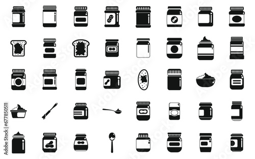Peanut butter icons set simple vector. Nut jar plant. Jelly snack bread