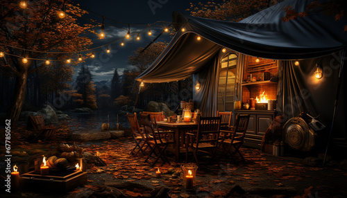 A cozy winter night, illuminated by candlelight, in a wooden cabin generated by AI