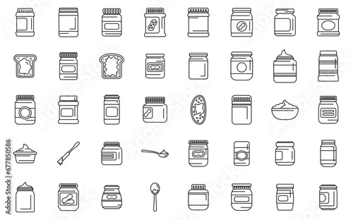 Peanut butter icons set outline vector. Nut jar plant. Jelly snack bread