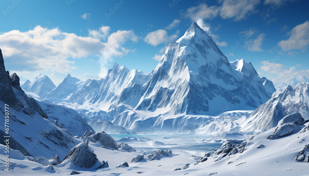 Obraz premium Snow capped mountains create a majestic winter landscape generated by AI