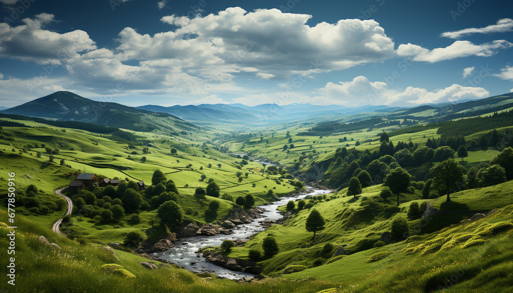 Majestic mountain range reflects in tranquil meadow, showcasing nature beauty generated by AI