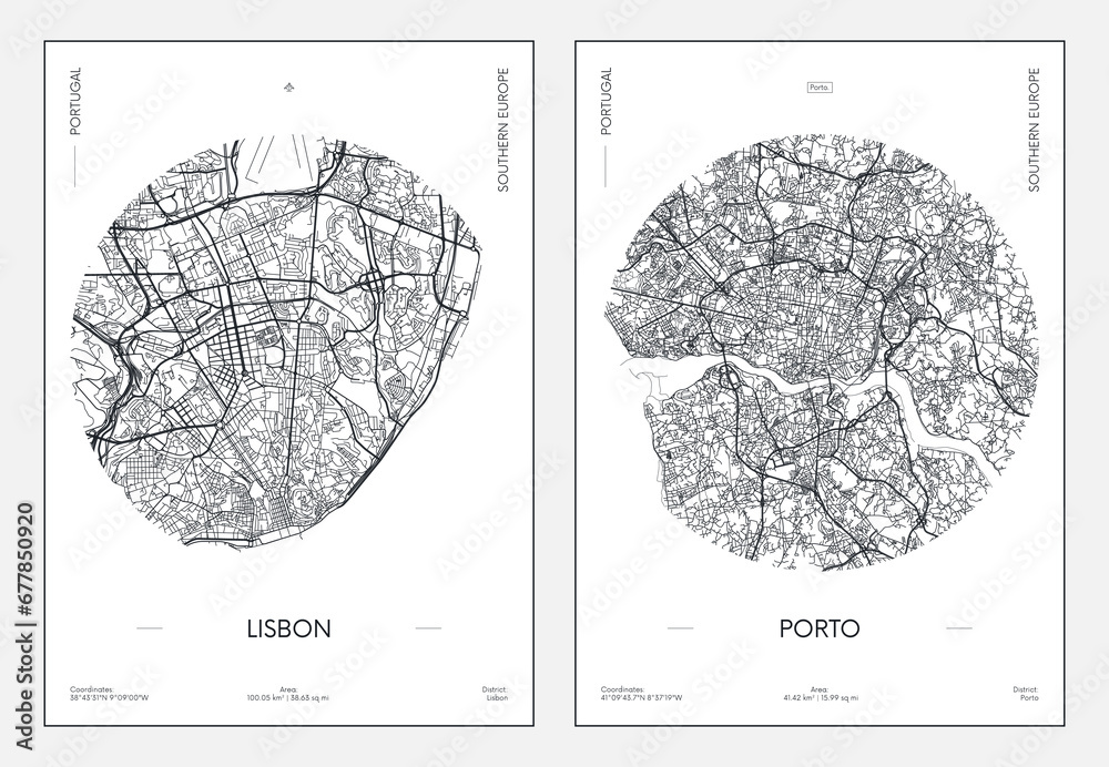 Travel poster, urban street plan city map Lisbon and Porto, vector illustration - obrazy, fototapety, plakaty 