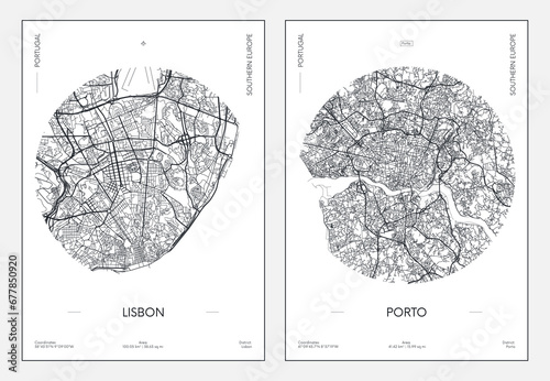 Travel poster, urban street plan city map Lisbon and Porto, vector illustration