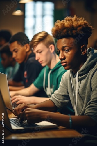 Teen students learning on l...