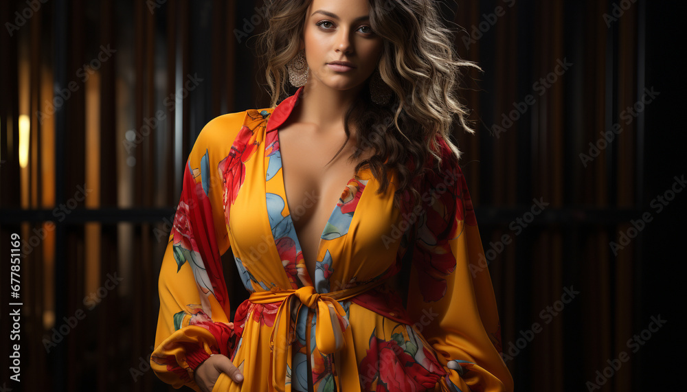 Fototapeta premium Beautiful woman in yellow dress exudes elegance generated by AI