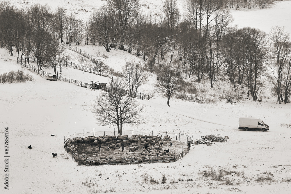 rural winter landscape in the hill area with households and human activities