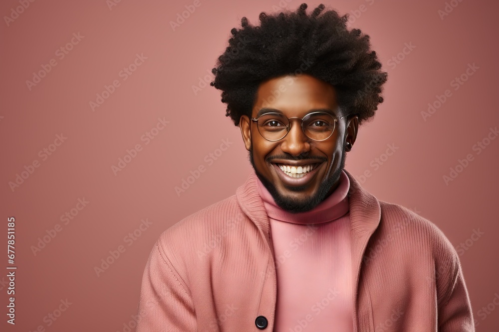 Stylish black man with glasses smiling warmly in a soft pink coat Stylish black man with glasses smiling warmly in a soft pink coat