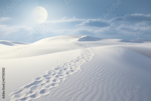 Pristine white sand dunes under a clear sky with a full moon, marked by a trail of footprints