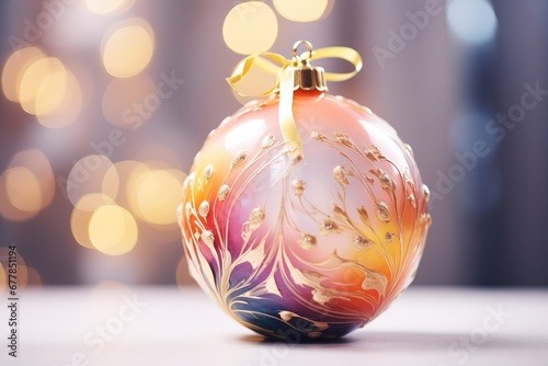 Delicate Christmas bauble showcasing intricate flowing paint patterns  bathed in soft glowing light