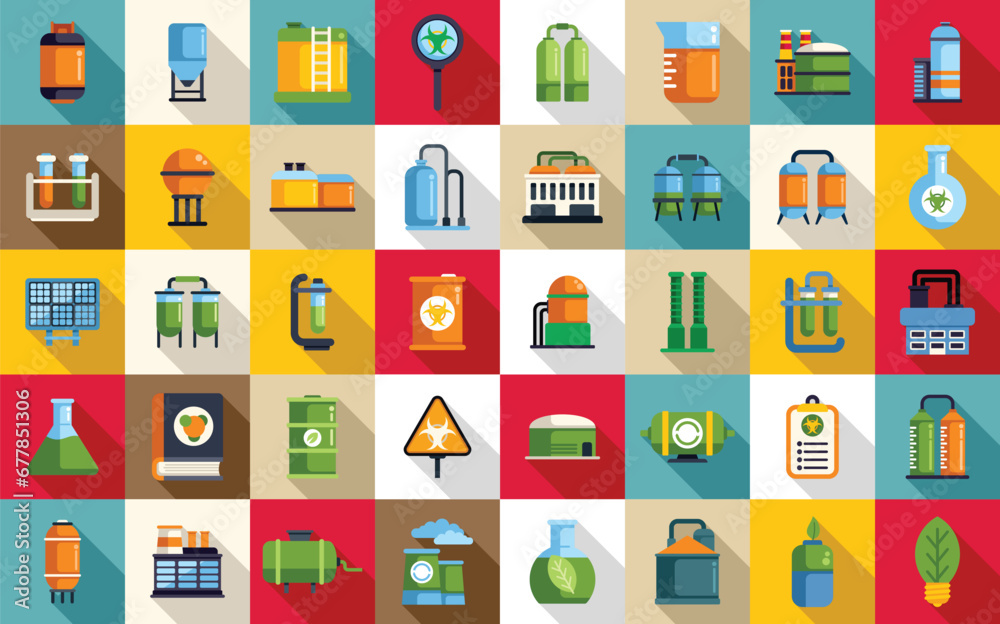 Biological station icons set flat vector. Biogas cycle. Waste energy fuel Biological station icons set flat vector. Biogas cycle. Waste energy fuel