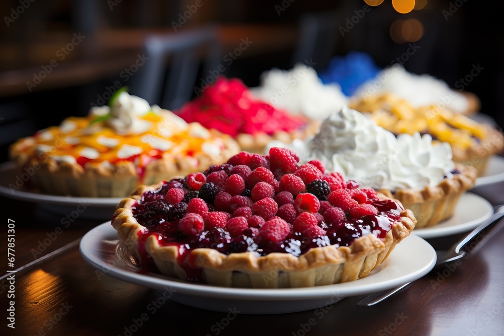 Close-up of delicious berry tarts topped with raspberries, blackberries, and whipped cream, ready to serve