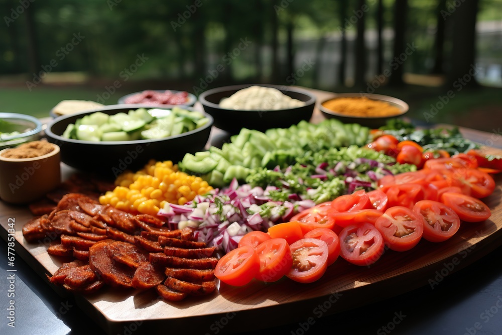 A diverse spread of salads and meats for an outdoor feast