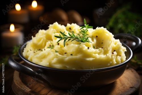 A close-up of fluffy mashed potatoes garnished with rosemary photo