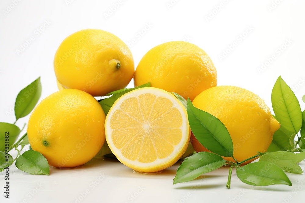 lemons with leaves on top of a white surface