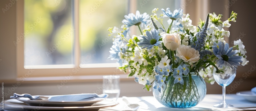 The vibrant blue floral arrangement on the table at the summer wedding added a touch of natural beauty bringing the essence of spring and the joy of Easter to the white themed celebration co The vibrant blue floral arrangement on the table at the summer wedding added a touch of natural beauty bringing the essence of spring and the joy of Easter to the white themed celebration co