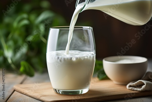 Milk being poured into a glass on top of a cup