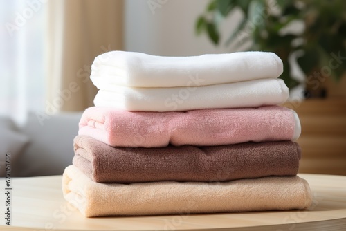a pile of folded towels on a table, a pile of towels