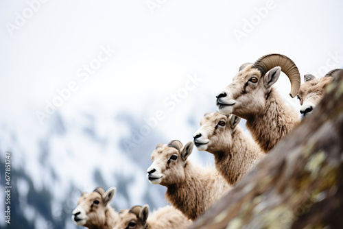 A herd of bighorn sheep with a prominent ram on a snowy mountain backdrop photo