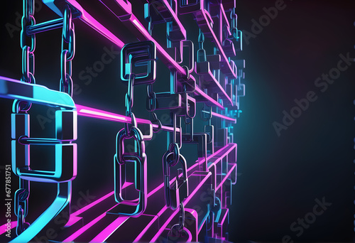 concept of blockchain technology with interconnected blocks and chains illuminated.