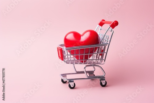 a small red heart in a shopping cart on a pink background, a shopping cart with a heart