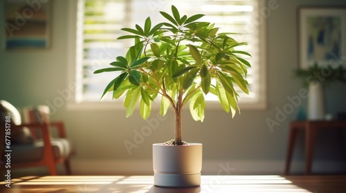 A beautifully potted Schefflera arboricola standing tall in a modern, sunlit living room, casting elegant shadows. photo