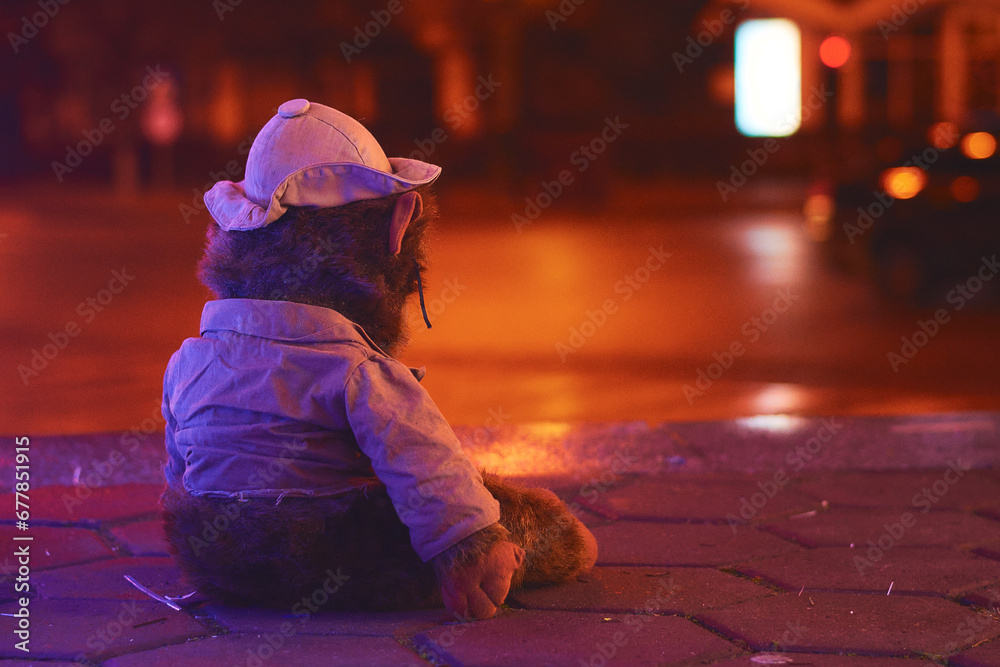 teddy bear admiring the warm Christmas light
