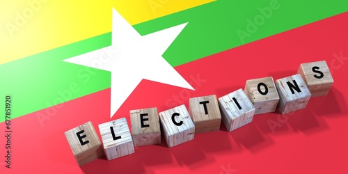 Myanmar - elections concept - wooden blocks and country flag - 3D illustration