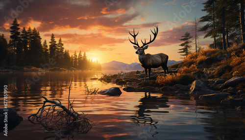 Majestic deer in tranquil forest  reflecting on pond generated by AI