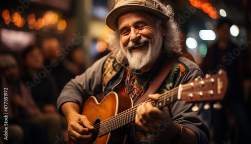 Smiling adult guitarist playing acoustic guitar outdoors generated by AI