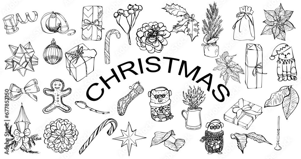 Christmas elements vector ink set
