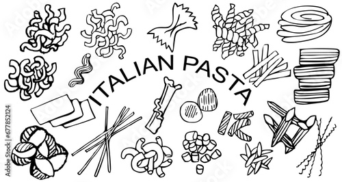 Set of Italian pasta varieties vector illustration ink 