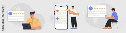 Set of customer review concept. Young people giving feedback review online and mobile apps, consumer satisfaction rating. Hand drawn vector illustration isolated on background, flat cartoon style.