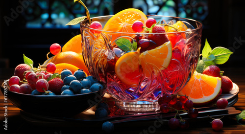 A Vibrant Display of Fresh Fruits in a Glass Bowl on a Table