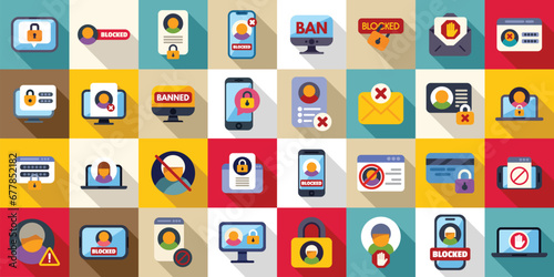 Account blocking icons set flat vector. Ban delete. Block atm bank