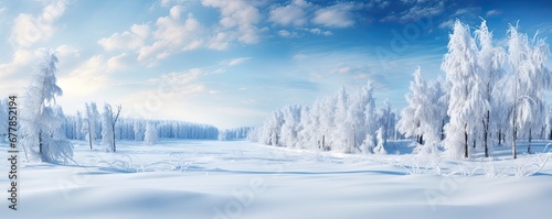 Panoramic view of covered with frost and snow