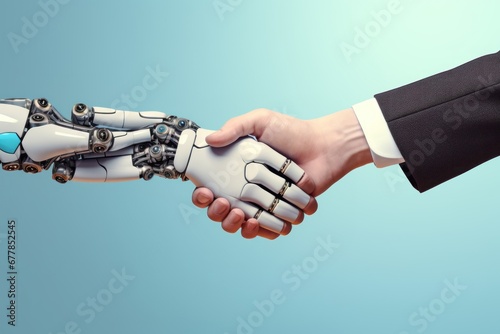Robot handshake technology, artificial intelligence hand shake, futuristic implant, artifical limb, humanoid robot community, greeting, coming together, generative AI, JPG © Exploration Matters