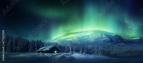 Winter landscape of snowy night alone house in the distance and aurora in the nightsky