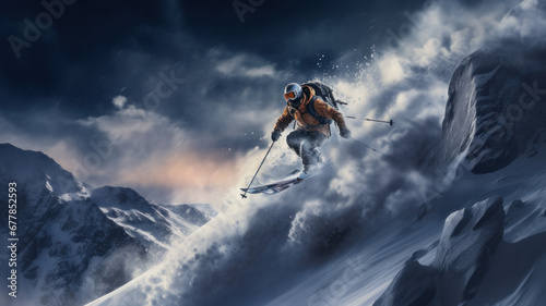 Lone Skier: Adventurous Descent down the Mountain