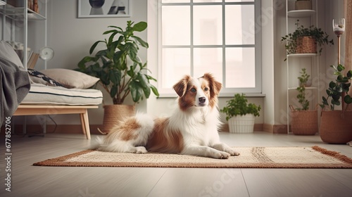 close-up portrait of a cute dog peacefully lying on a gray floor carpet in a modern living room, a warm and inviting atmosphere with free copy space.