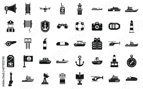 Coast guard icons set simple vector. Sea ship coast. Guard radio