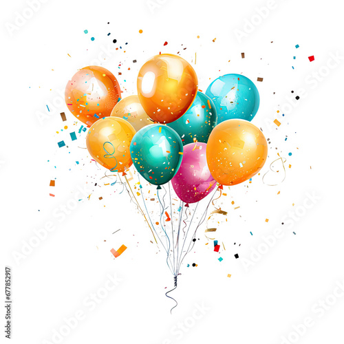 Birthday Joy with Air Balloons and Glittering Confetti  Festive Atmosphere  isolated on white