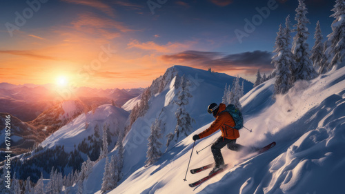 Skiing Alone in Fresh Snow at Sunrise