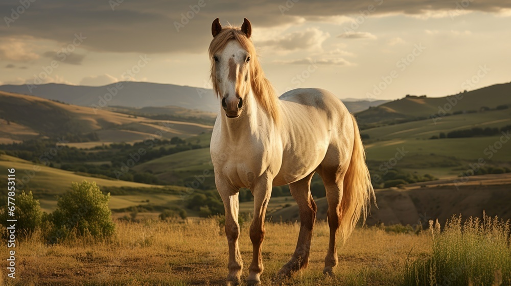 A white horse standing on top of a grass covered field. Generative AI. - obrazy, fototapety, plakaty 