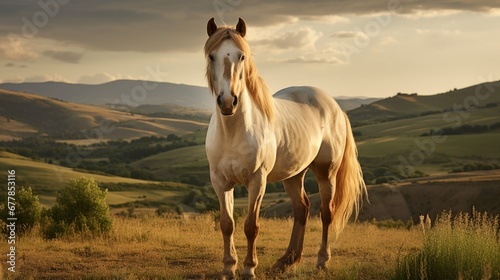 A white horse standing on top of a grass covered field. Generative AI. photo