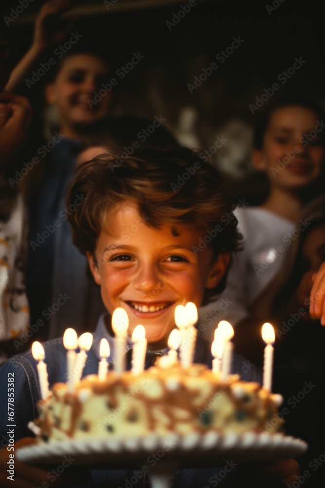 A young boy holding a birthday cake with lit candles. Generative AI. A young boy holding a birthday cake with lit candles. Generative AI.